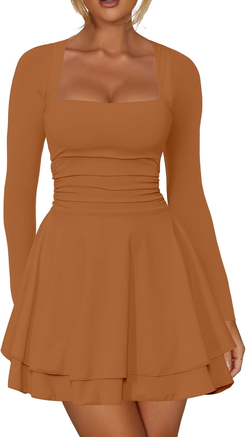 Kaximil Women's Square Neck Ruffle Hem Mini Dress for Parties