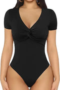 MANGOPOP Bodysuit for Women with Deep V Neck and Twist Knot