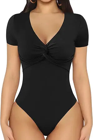 MANGOPOP Bodysuit for Women with Deep V Neck and Twist Knot