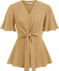 V Neck Peplum Tops Tie Front Bell Sleeve Blouse - Elegant Fit