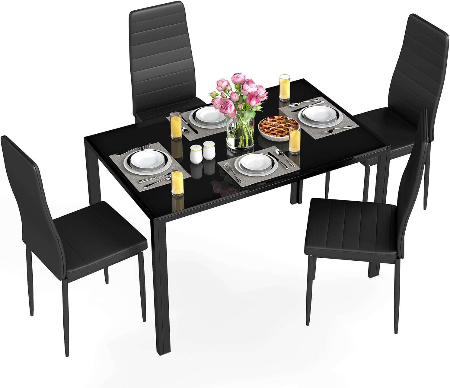 FDW Dining Table Set for 4 with Glass Top and Upholstered Chairs
