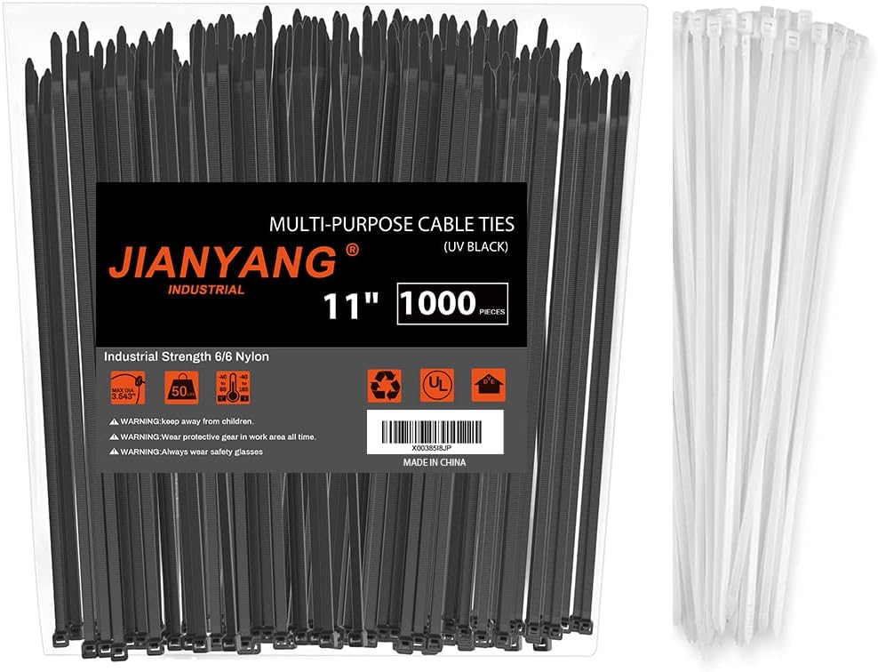 11 Inch Heavy Duty Zip Ties - 1000 Pack Black & 100 White