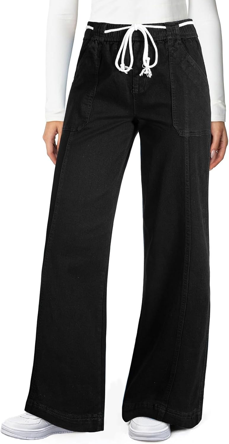 Astylish Wide Leg Drawstring High Waisted Stretchy Jeans for Women