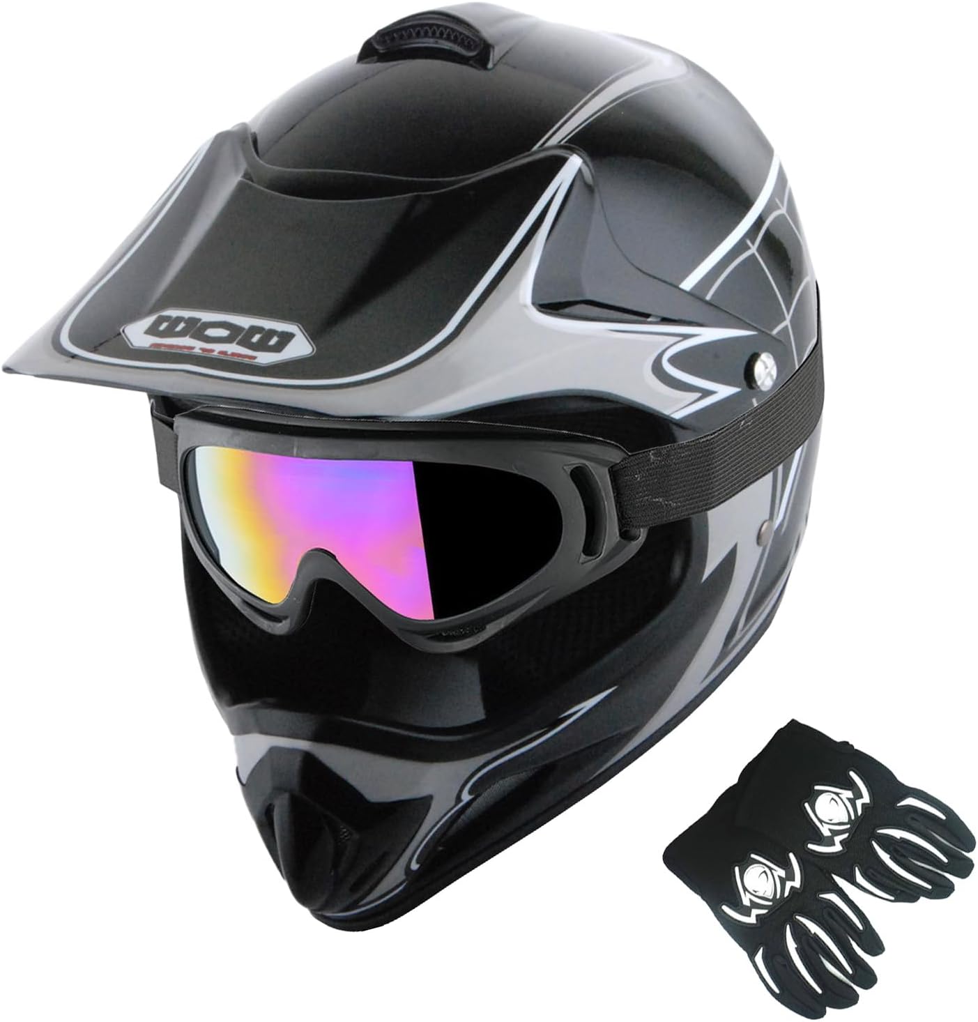 WOW Youth Kids Motocross Helmet Goggles and Gloves Bundle