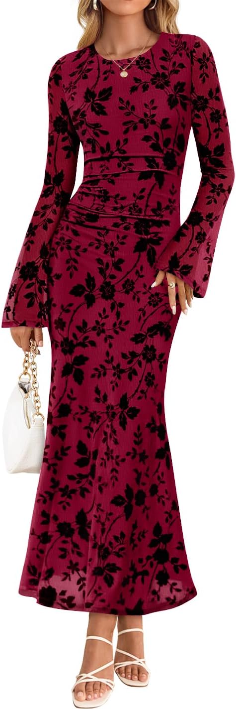 ZESICA Women's Long Sleeve Floral Bodycon Dress for Fall Events