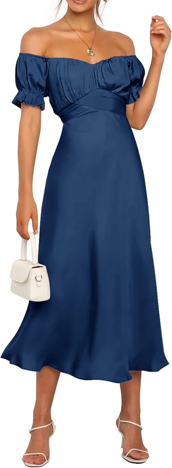 Elegant Off Shoulder Satin Midi Dress for Wedding Guests 2025