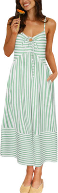 Womens Striped Summer Maxi Dress with Pockets - Flowy Tie Back