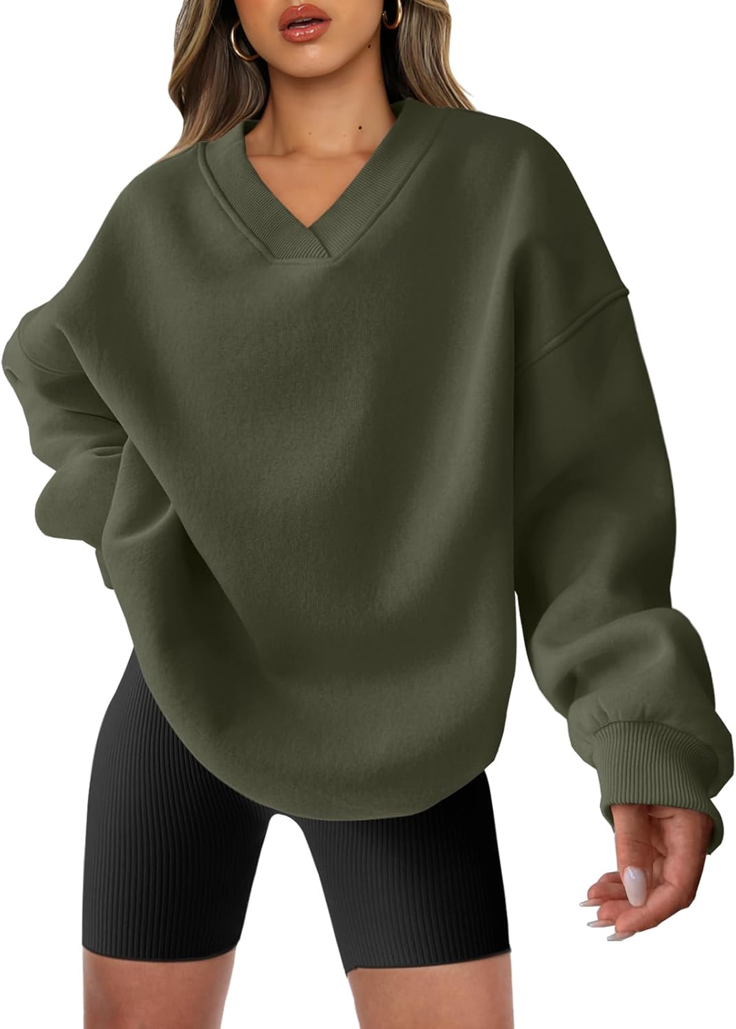 Oversized V Neck Sweatshirt for Women - Comfy Fleece Pullover