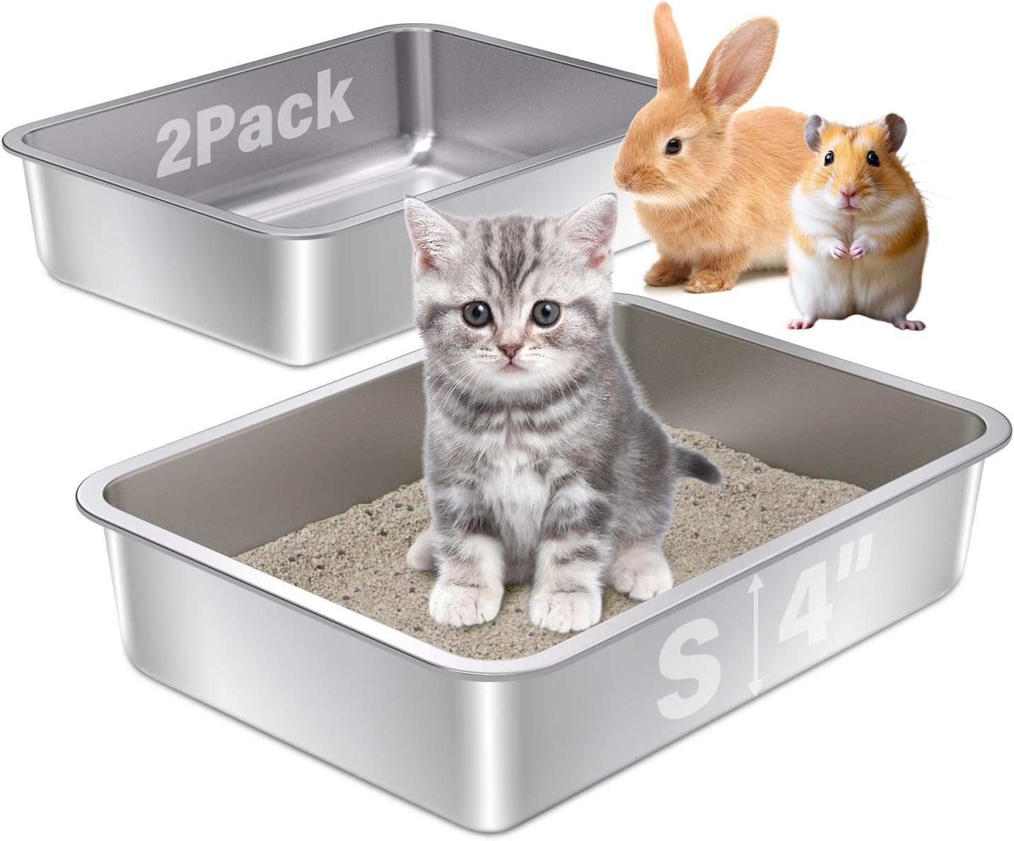 Stainless Steel Litter Box 2Pack for Small Pets Easy Clean