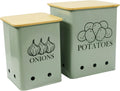 Kitchen Vegetable Storage Tins Set of 2 Grayish Green - Wooden Lids