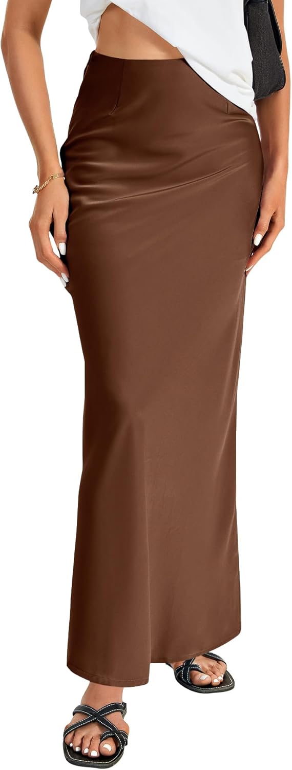 Elegant Satin Silky High Waist A Line Maxi Long Skirt for Women