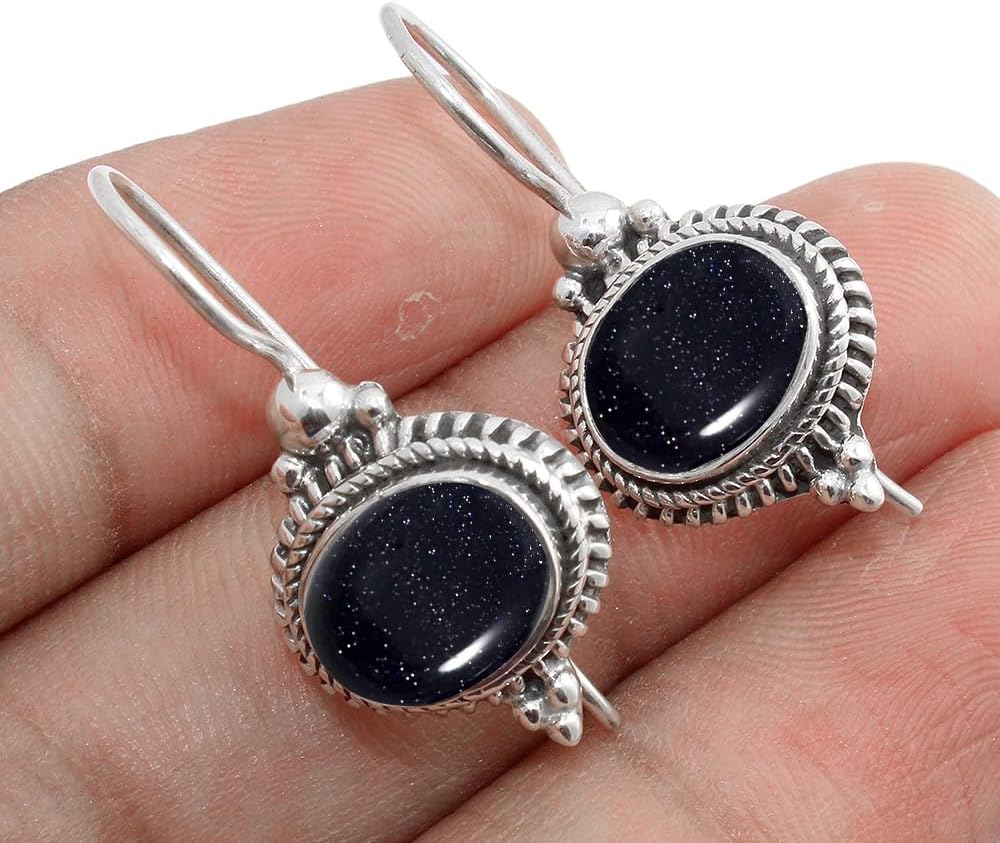 Solid 925 Sterling Silver Dangling Earrings with Blue Sunstone