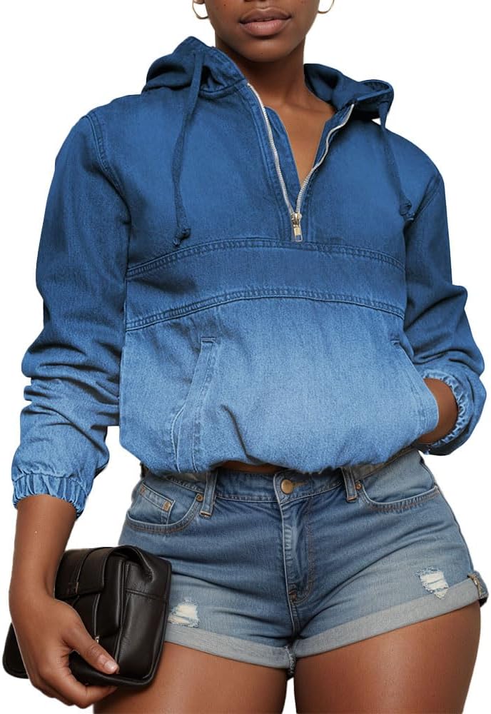 Women's Half Zip Denim Hoodie Pullover for Casual Style