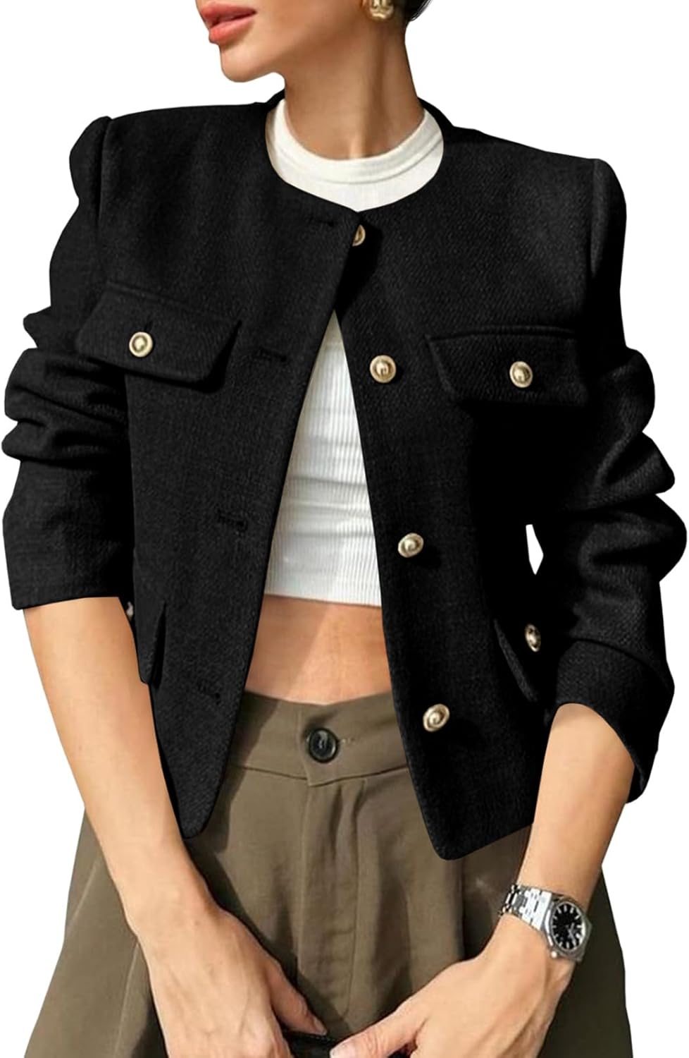 Cropped Tweed Blazer Jacket for Women - Stylish Business Casual