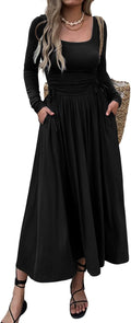 Womens Square Neck Long Sleeve Maxi Dress with Pockets - Flowy A-Line