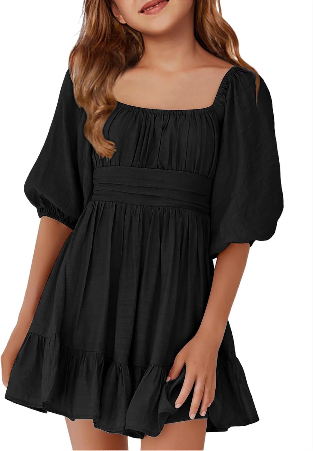 Girls Summer Dresses Square Neck Lantern Sleeve Tie Backless Style