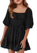 Girls Summer Square Neck Lantern Sleeve Tie-Back Mini Dress - Cute