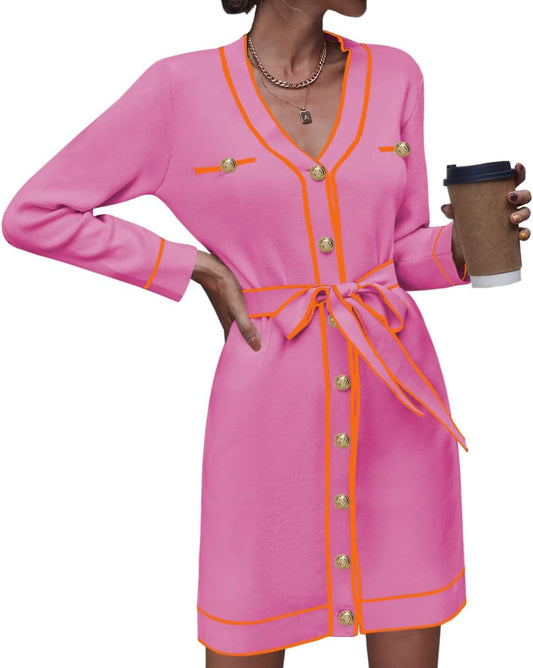 Pink Queen Women's Long Sleeve Button Down Sweater Dress