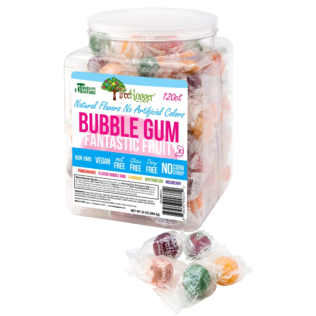 Tree Hugger Bubble Gum with Natural Flavors, 120 Count Tub