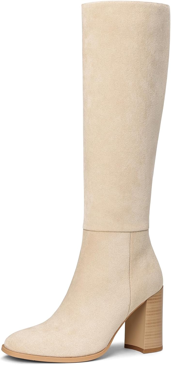 Knee High Boots for Women with Chunky Heel and Side Zip