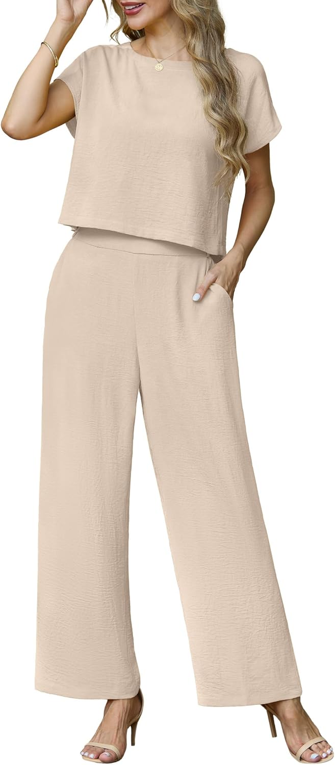 Lepunuo 2 Piece Sets for Women Summer Cap Sleeve Crop Top