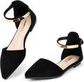 Womens Black Pointed Toe Rhinestone Bow Ankle Strap Flats