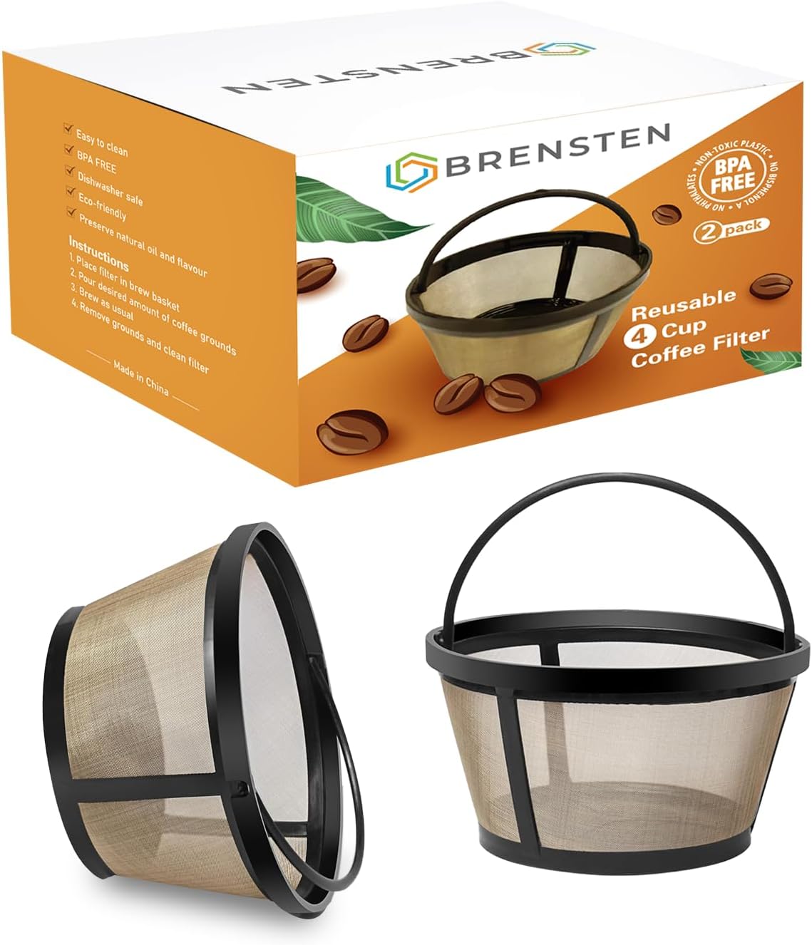 BRENSTEN 4 Cup Reusable Filter Basket - MrCoffee Brewer 2-Pack