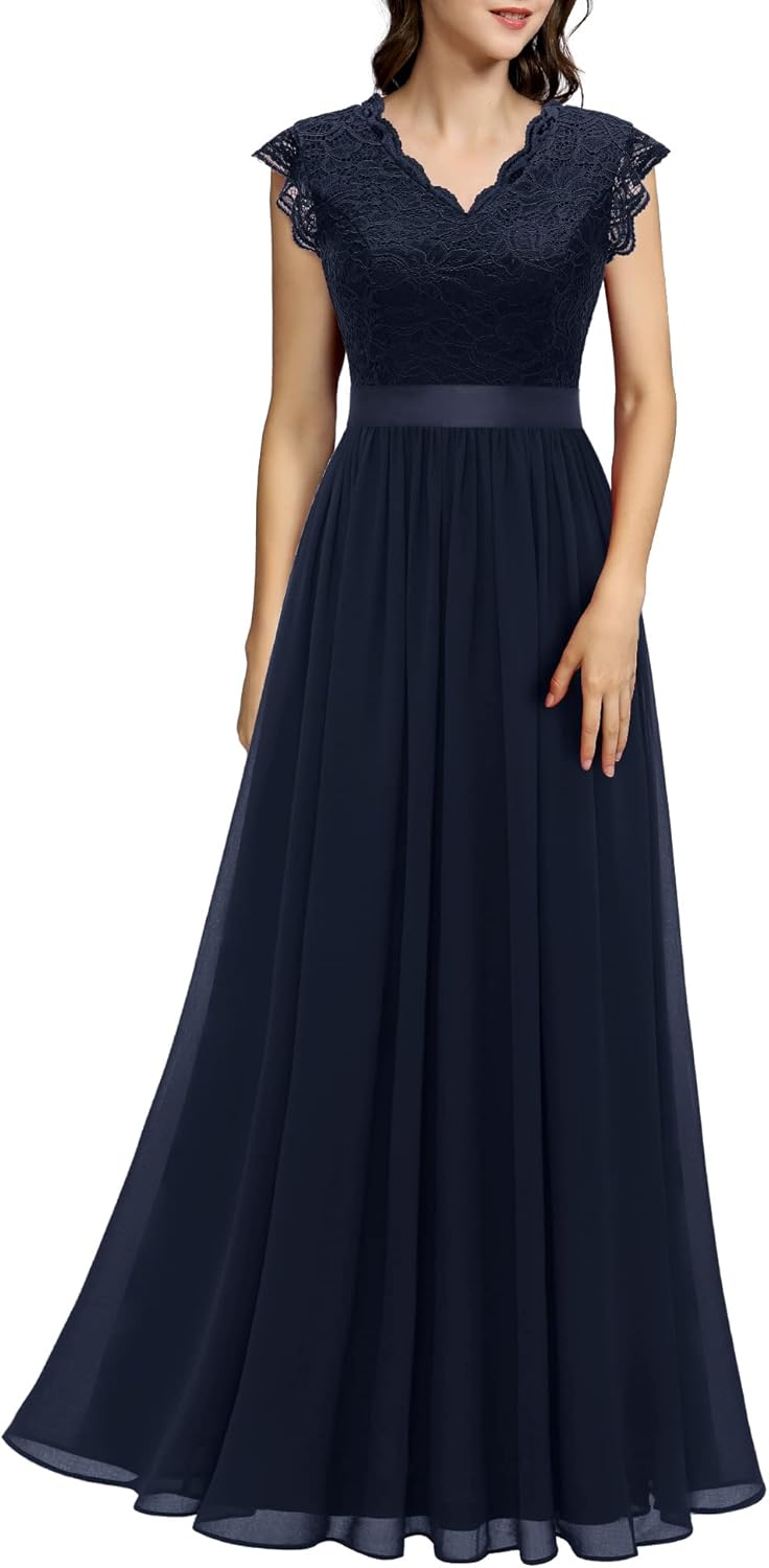 Elegant V Neck Sleeveless Lace Bridesmaid Dress for Weddings