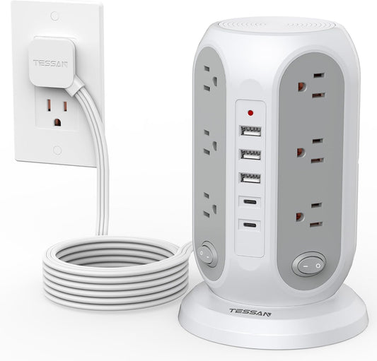TESSAN Tower Power Strip with Individual Switches and USB Ports