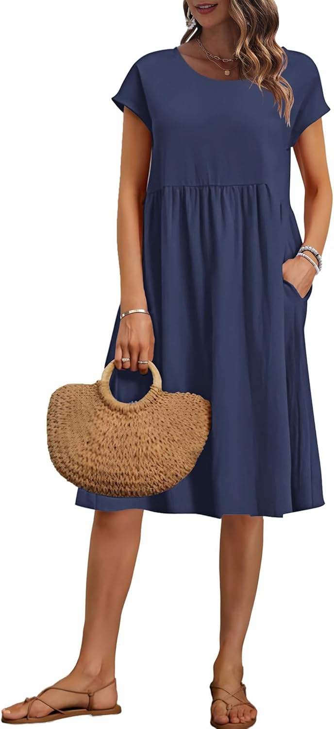 AUSELILY Women's Summer Short Sleeve Knee-Length Dress with Pockets