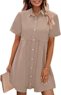GRAPENT Denim Dress Babydoll Tiered Short Sleeve Button