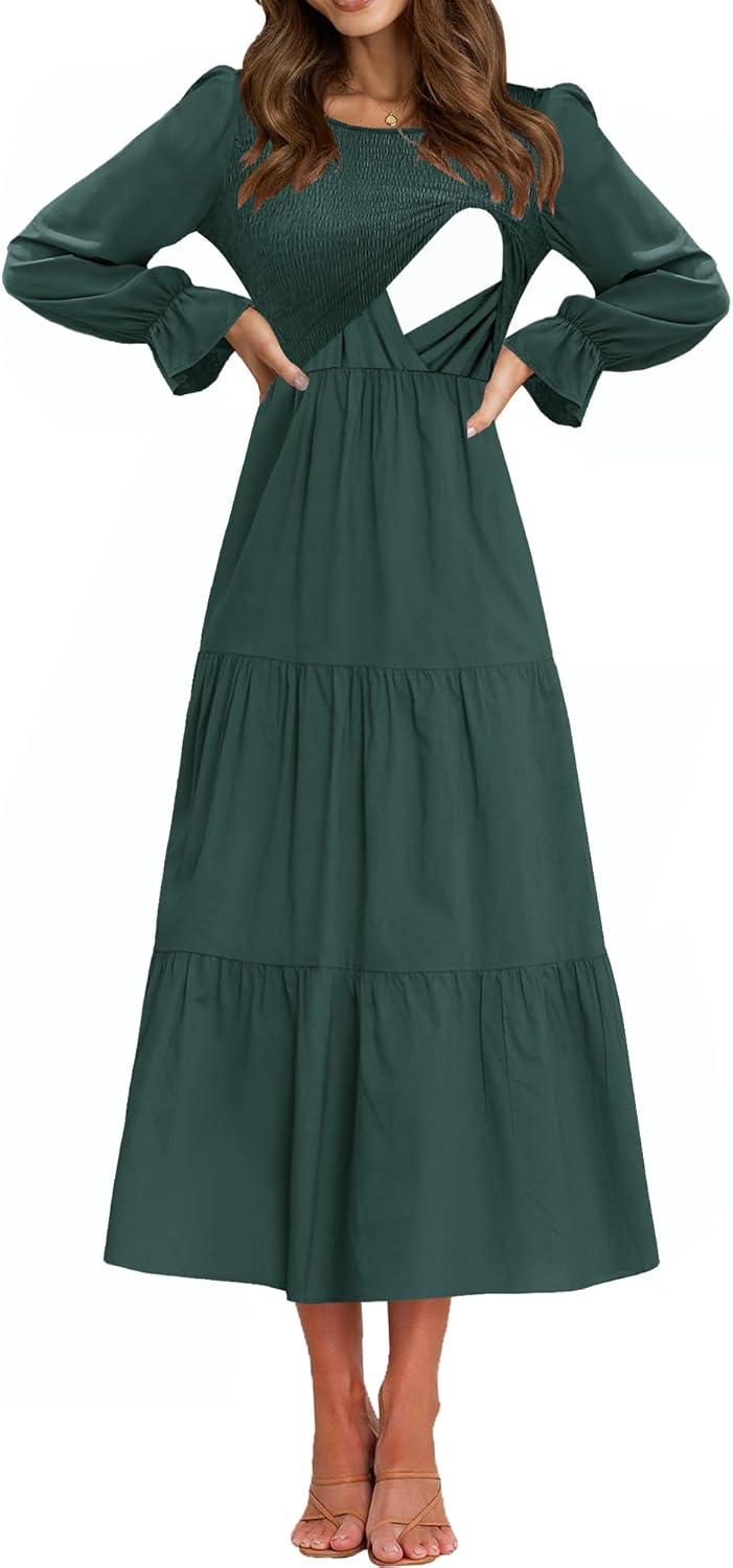 Women's Nursing Dress with Flounces Long Sleeve and Pockets