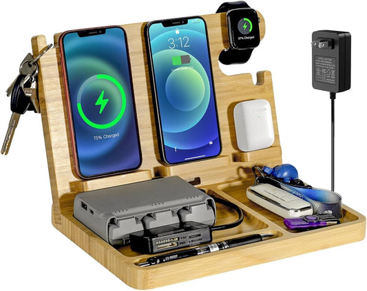 Nightstand Charging Station for Multi Devices - Bamboo Organizer