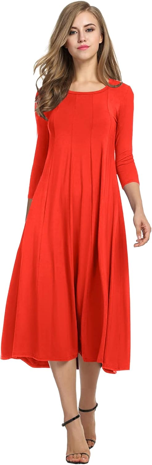 HOTOUCH Women's 3/4 Sleeve A-line Midi Long Dress for Elegance