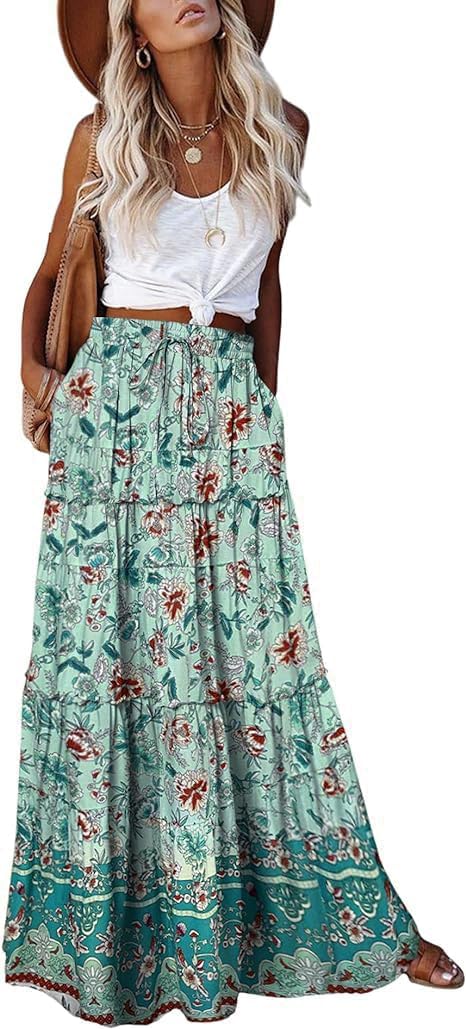 EARKOHA Womens Casual High Waist Tie Maxi Skirt with Pockets