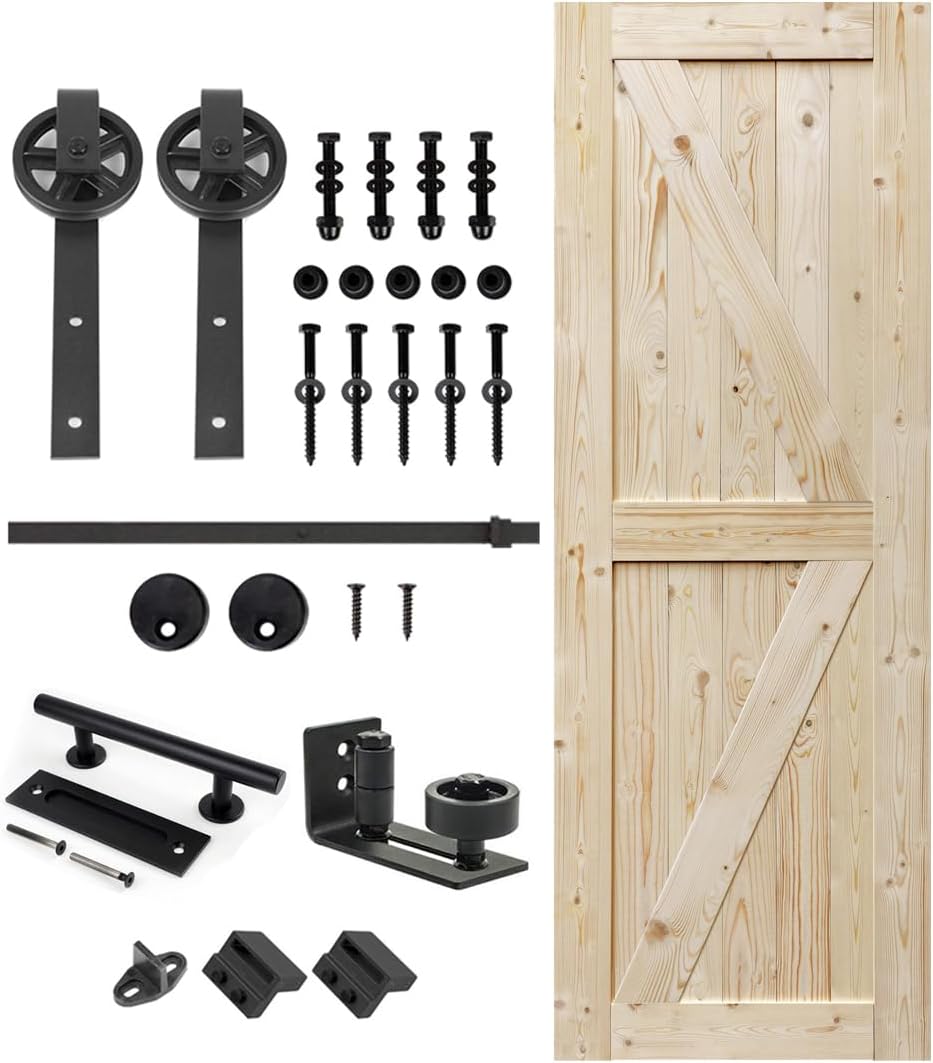 Unfinished British Brace Knotty Barn Door with Sliding Hardware