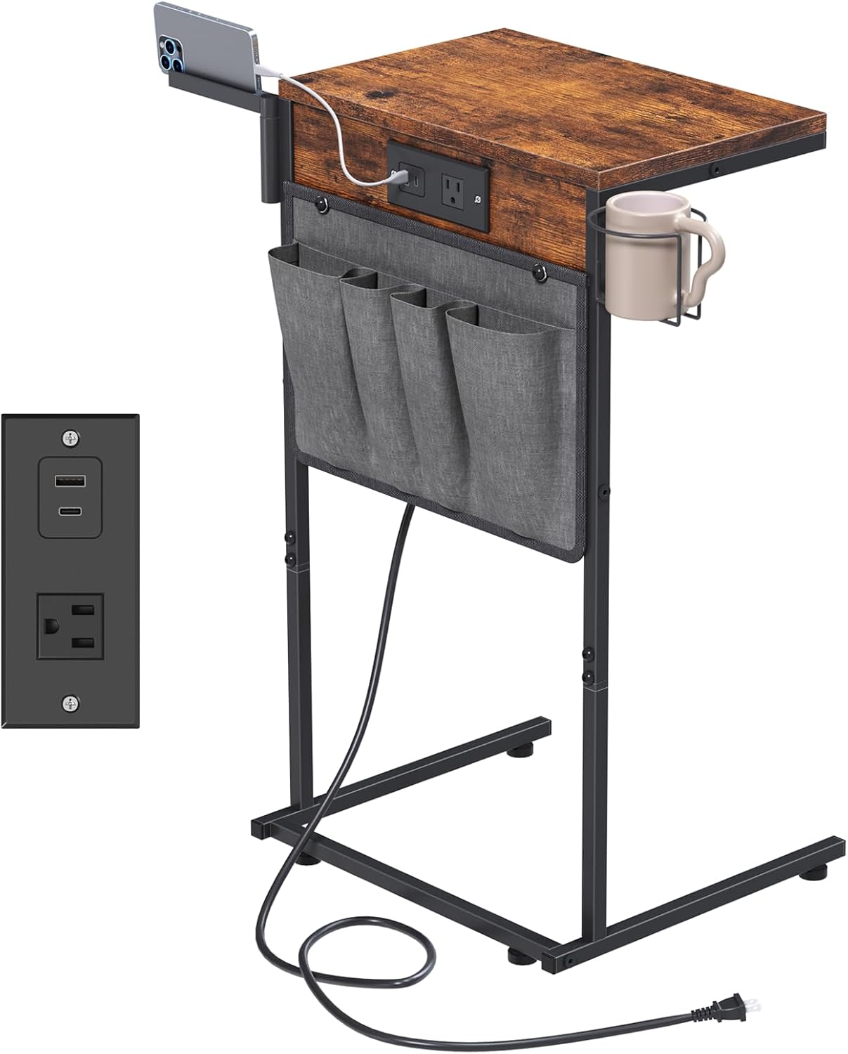Rustic Brown End Table with Charging Station - Evermagin