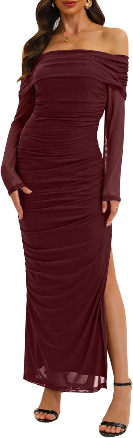 Relipop Women Off Shoulder Dress Long Sleeve Bodycon Mesh Style