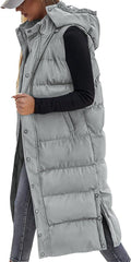 Long Puffer Vest Women Quilted Hooded Button Down Zip Up Sleeveless Be