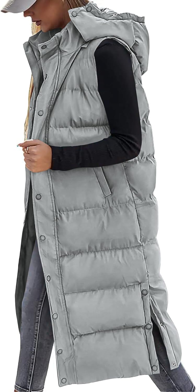 Long Puffer Vest for Women - Quilted Hooded Sleeveless Jacket