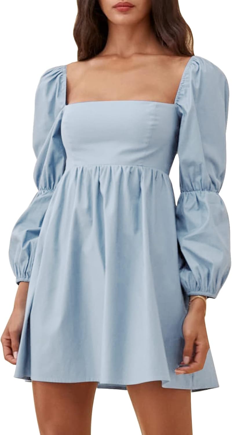EXLURA Womens Square Neck Dress with Puff Sleeves for Casual Wear