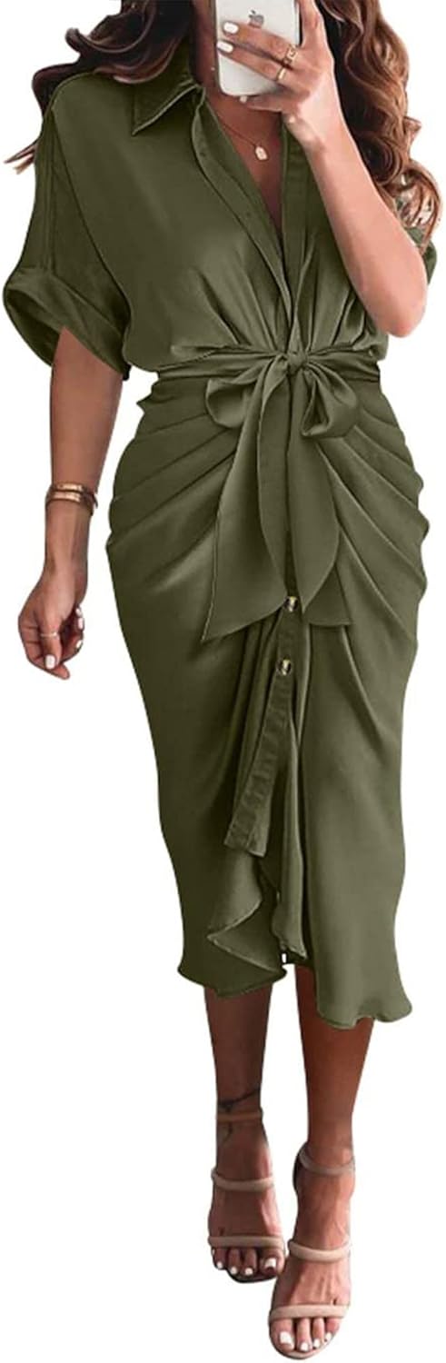 BTFBM Women Button Down Ruched Shirt Dress for Summer Events