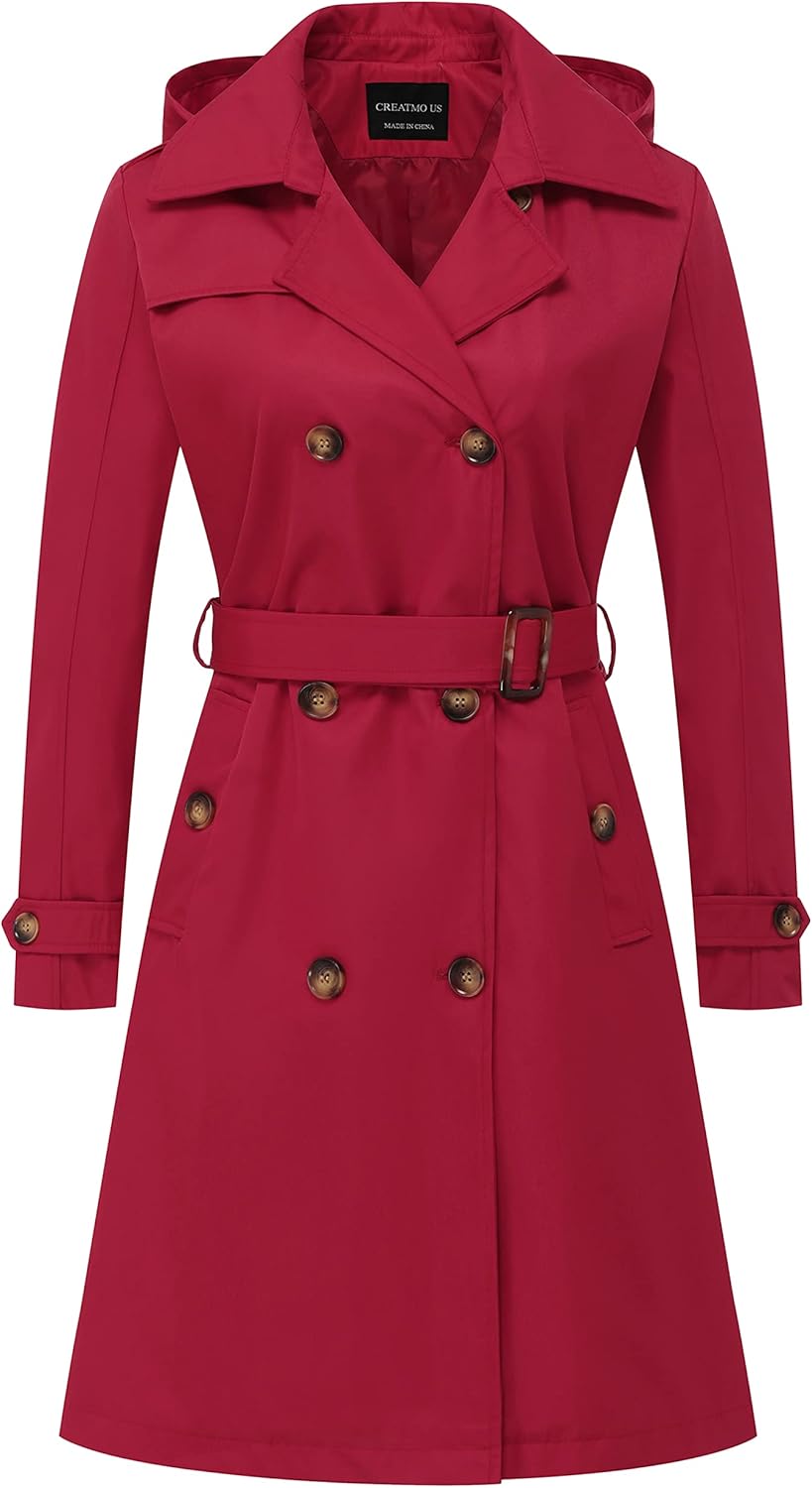 CREATMO US Women's Long Trench Coat - Classic Double-Breasted Style