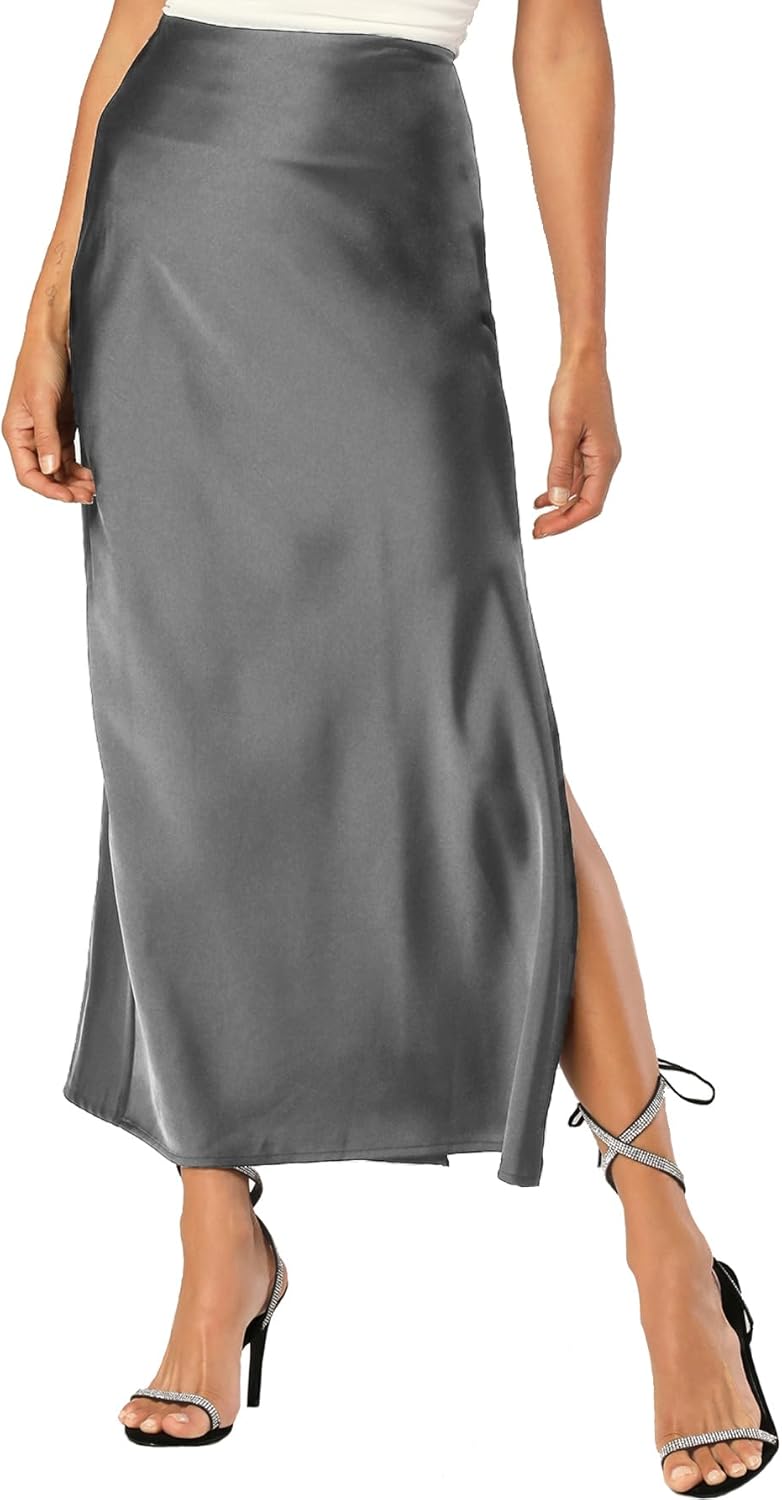 Womens Satin Silk Maxi Slit Skirt with Elastic Waistband