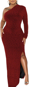 Women's One-Shoulder Sparkly Long Sleeve Maxi Dress - High Split