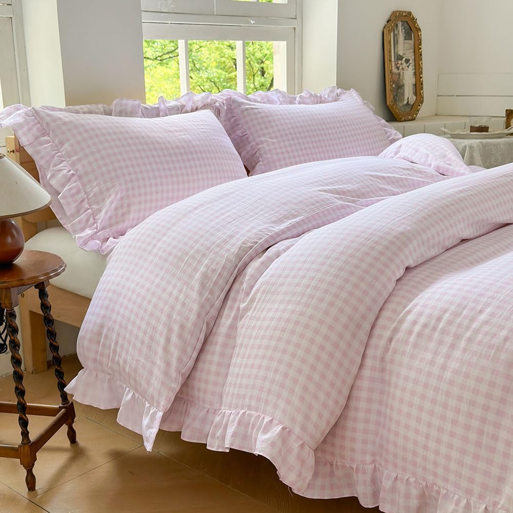 Pink Gingham Ruffle Duvet Cover Set for Queen Size Bedding