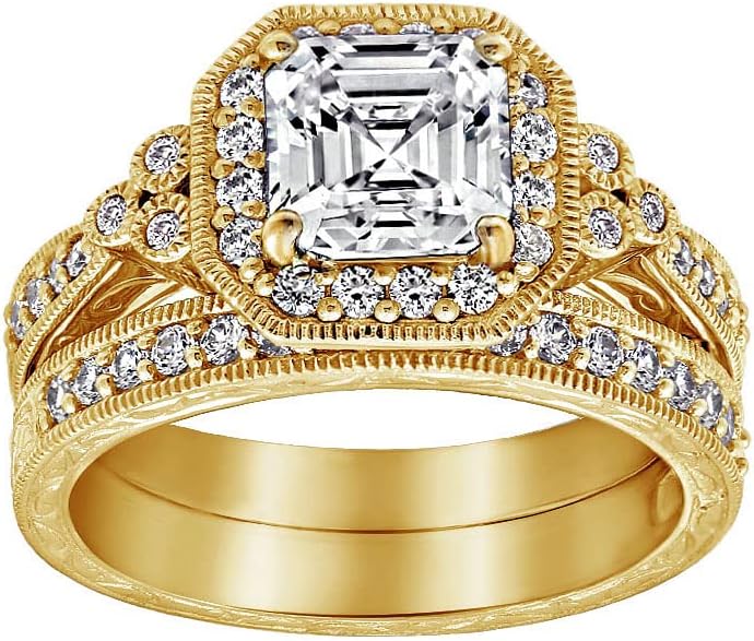 Antique Style Sterling Silver Ring Set with Asscher-Cut Zirconia