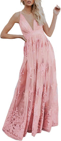 Dokotoo Womens Deep V-Neck Embroidered Mesh Long Wedding Dress