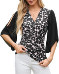 GRACE KARIN 3/4 Chiffon Sleeve Wrap Blouse - Flowy V Neck Top