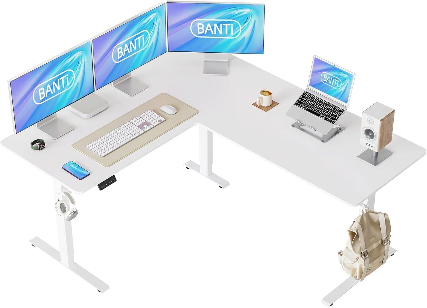 Height-Adjustable White L-Shaped Standing Desk - BANTI 63